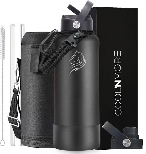 Cool'NMore Jet Thermos Stainless Steel BPA Free 1lt Jet Black with Straw, Handle, Mouthpiece and Loop