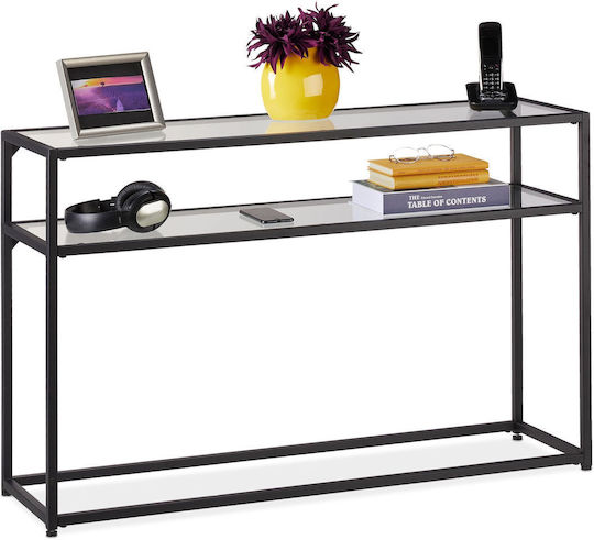 Metal Console Table with Glass Top Black/Transparent L110xW30xH70cm