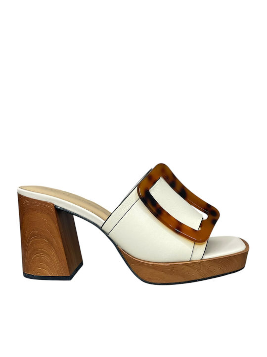 Mules With Chunky Heel In Ecru Colour GY-08485-555-2