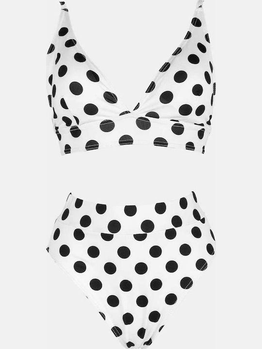 Set Bikini Talie Înaltă Cu Buline Alb
