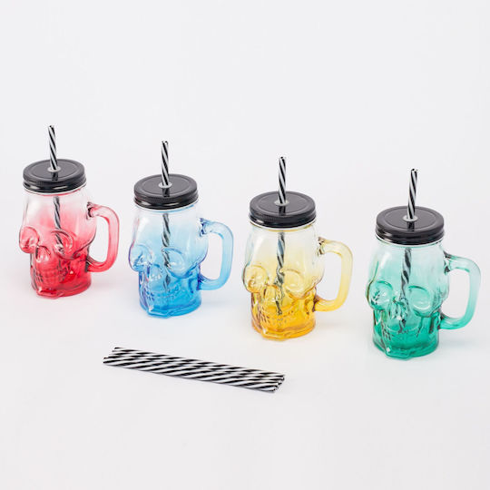 Relaxdays Set Glasses Cocktail/Drinking from Glass in Blue Colour with Straw 4 Pieces