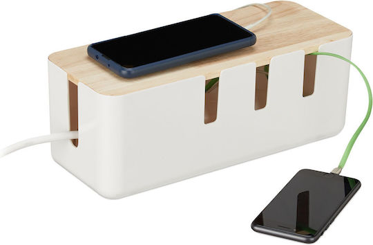 Relaxdays Cable Storage Box Wooden Lid 11.5x30.5x12.5cm White Light Brown