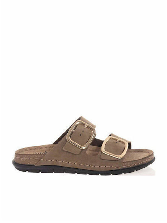 Leather Women's Flat Sandals Khaki SIENNA-60302K