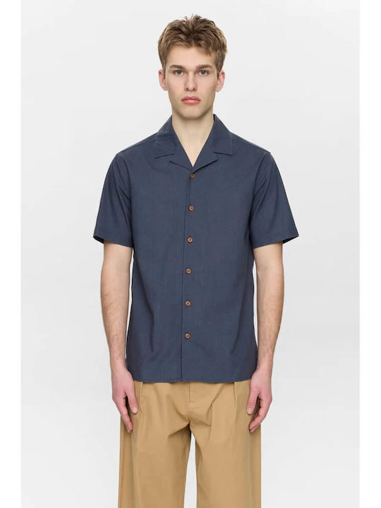 Anerkjendt Akleo Short Sleeve Linen Shirt In Regular Fit Blue Indigo