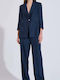 Damen Hochbund Leinenhose mit Gummiband in Gerader Bein Stil Blau