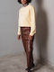 Women's Leather Trousers with Rubber Band in Carrot Fit Brown