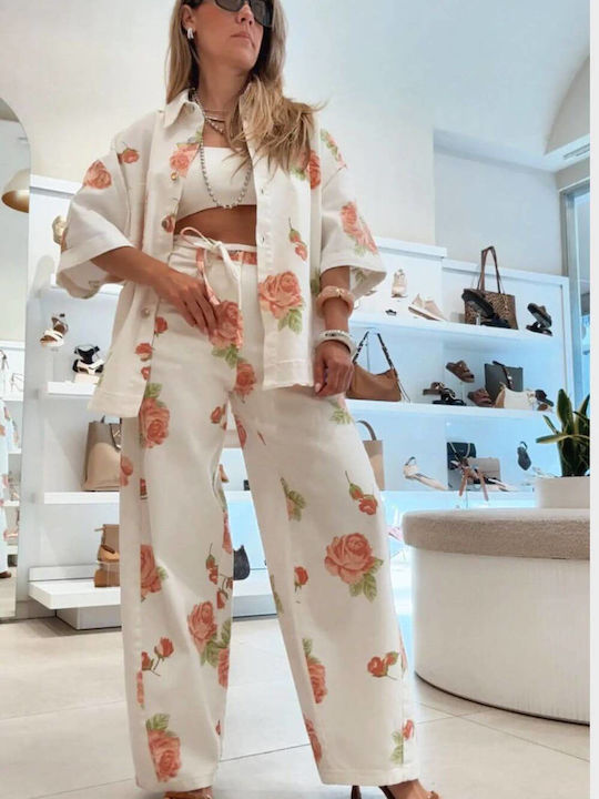 Women's White-Pink Set with Trousers with Rubber Band in Relaxed Fit Floral