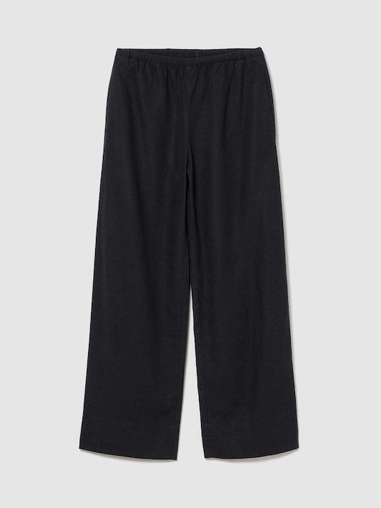 Women's Linen Trousers with Rubber Band in Relaxed Fit Black