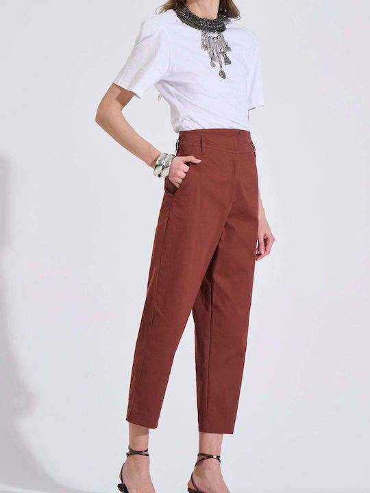Damen Hochgeschnittenes Stoffhose in Karotte Passform Braun 10-060823-0-Braun-S