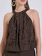 Women's Sleeveless Blouse with Tie at Neck Brown