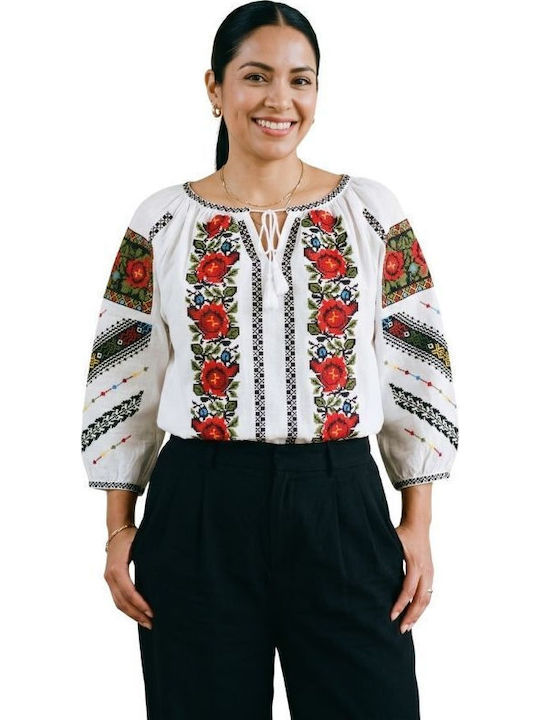 Bluză Damă Bumbac Mânecă Lungă Albă/Albastră