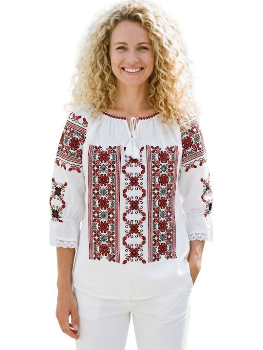 Bluză Damă Bumbac Mânecă Lungă Alb/Roșu