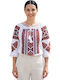 Bluza Damă Bumbac Mânecă Lungă Alb/Roșu Burgund