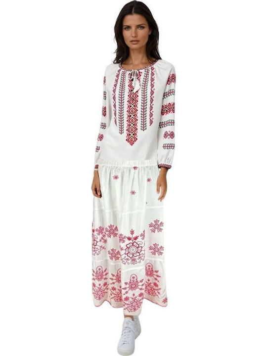 Fustă Floral Alb/Burgundy Roșu