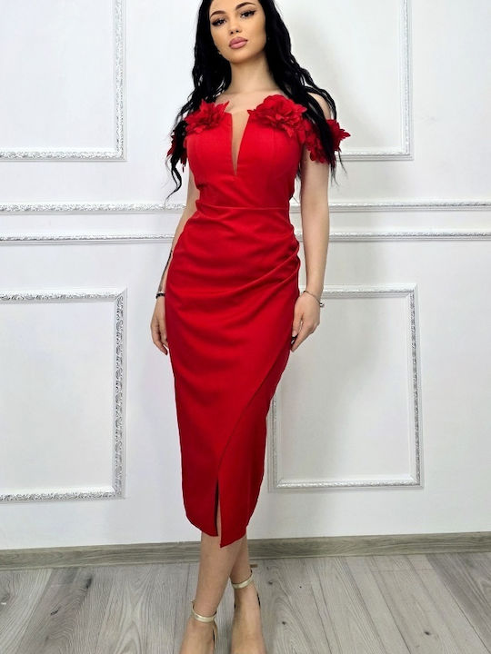 Rochie Midi De Seară Drapată Roșie