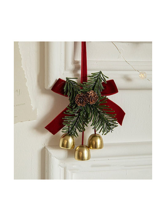 Ornament De Crăciun Pentru Brad Flippy Fundă De Crăciun Tip 3 Clopoței Aurii Conuri De Pin Panglică Din Catifea Roșie 16 X 11 Cm Roșu