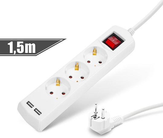 Alista Home Bandă de Alimentare cu 3 Prize cu 2 Porturi USB-A Comutator și Cablu 1.5m