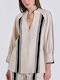Long Sleeve Women's Linen Shirt Beige Striped 10-280582-0