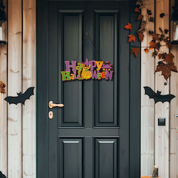 Decorațiune Halloween Happy Halloween Agățabilă Din Mdf 42 5 X 18 Cm Portocalie Violetă Neagră Sclipitoare