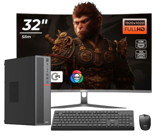 OptimX T5 SFF + Monitor Curbat 32" FHD + Kit Tastatură și Mouse cu Fir Recondiționat Grad A (Core i3-9100/16GB/512GB SSD/W11 Pro)