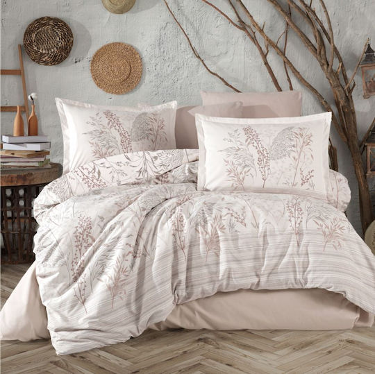Clasy Home Set Duvet Cover 2 Pieces Cotton 160x220cm Single with Pillowcase and 1 Bed Sheet Betina2_59_0 Beige