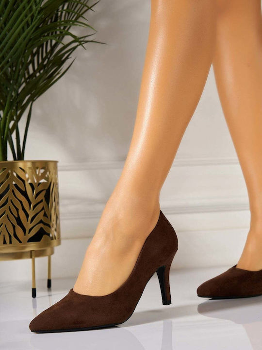 Suede Γόβες με Ψηλό Τακούνι Καφέ