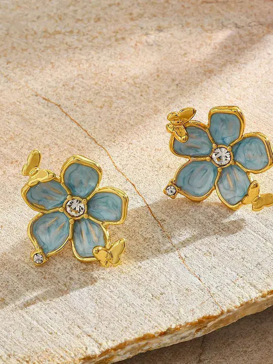 Single Steel Gold Plated Earrings with Light Blue Stones