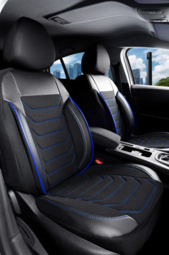 3D Leather Car Seat Covers Streetech Carbon Black Blue Stitching