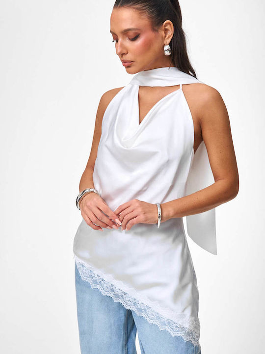 Decoro Women's Satin Blouse with Lace White