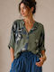 Women's Cotton Blouse with 3/4 Sleeve & V-Neckline Floral Khaki