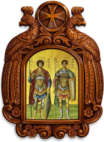 Heiligenikonen Άγιος Γεώργιος & Δημήτριος Holzgeschnitzte Darstellung Adler 39cm