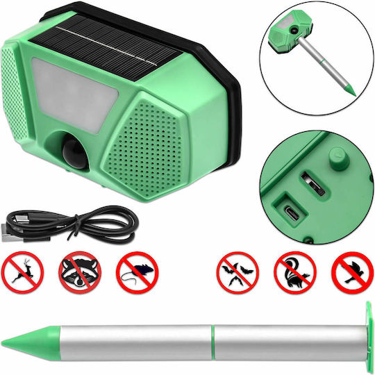 Solar Animal Repellent Birds Rodents Ultrasonic 4 Functions Pir Motion Sensor Led Flash Green Oem