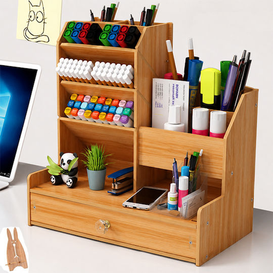 Wooden Office Organizer Multiple Compartments Drawer Pen & Cosmetics 24.5x15x25.4cm