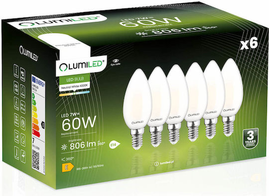 Lumiled Λάμπα LED 7W για Ντουί E14 και Σχήμα B35 Φυσικό Λευκό 806lm