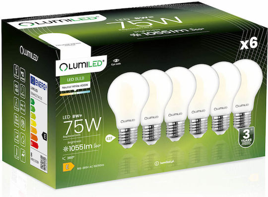 Lumiled Λάμπα LED 8W για Ντουί E27 και Σχήμα A60 Φυσικό Λευκό 1055lm
