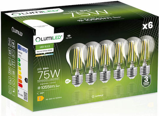 Lumiled Becuri LED 8W Pentru Bază De Bec E27 și Formă A60 Alb Natural 1055 Lumen 6 Bucăți