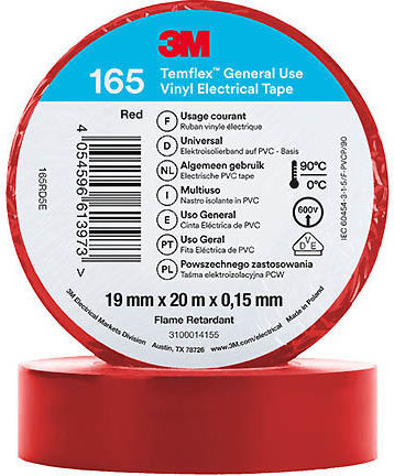 3m Temflex 165 Vinyl Electrical Insulation Tape 19mm X 20m Red
