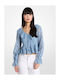 Women's Blouse with V-Neckline Floral Light Blue