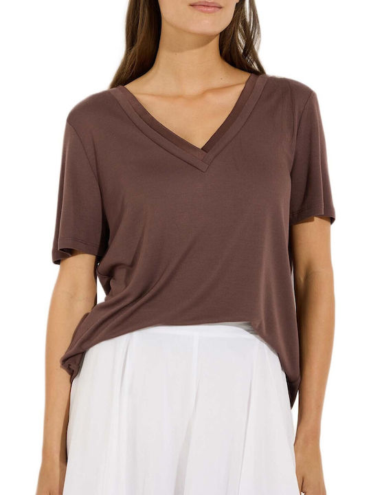 MORE & MORE Damen Bluse mit V-Ausschnitt Braune