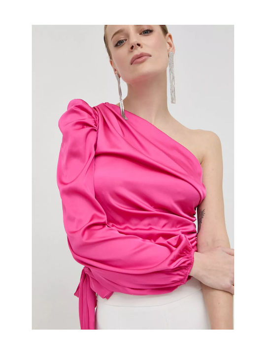 Pinko Women's Satin Drape Blouse One Shoulder Fuchsia