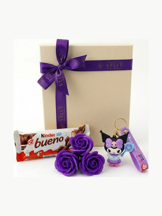 Joy Box Kuromi Kids Set Figurine Keychain 3 Purple Soap Roses Kinder Bueno Joy Box Kuromi Kids Set Figurine Keychain 3 Purple Soap Roses Kinder Bueno