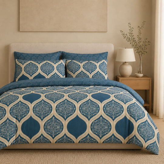My Home Luxury King Size Bettlaken mit Gummibettlaken 180x200+30cm Indigo Tile (4 Stück)
