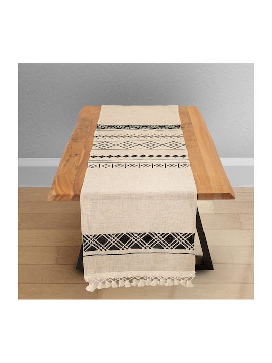 Ilis Home Linen Runner with Embroidery Beige/Black 40x170cm