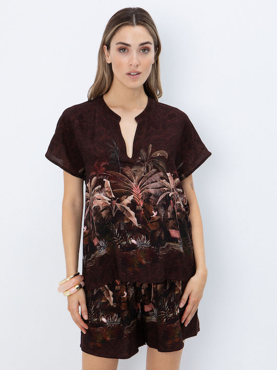 Women's Short Sleeve Blouse with V Neckline Floral Tropical