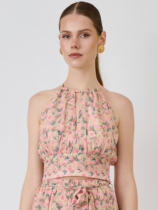 Γυναικείο Crop Top Αμάνικο με Δέσιμο στο Λαιμό Floral Ροζ