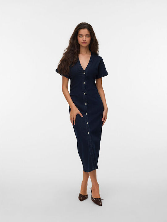 Vero Moda Rochii De Vară Pentru Femei Maxi Rochie-Cămașă Denim Albastru Închis Denim