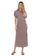 Summer Midi Dress with Tearing Striped Brown