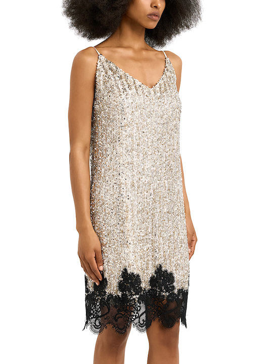 Summer Mini Evening Dress Open Back with Lace Black-Beige-Gold