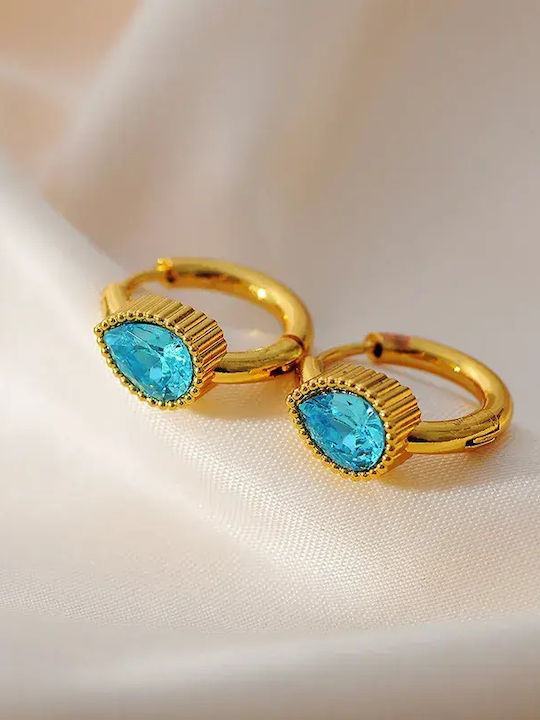 Single Steel Hoop Earrings Gold Plated Light Blue