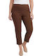 Women's High Rise Fabric Capri Trousers with Rubber Band in Slim Fit Brown